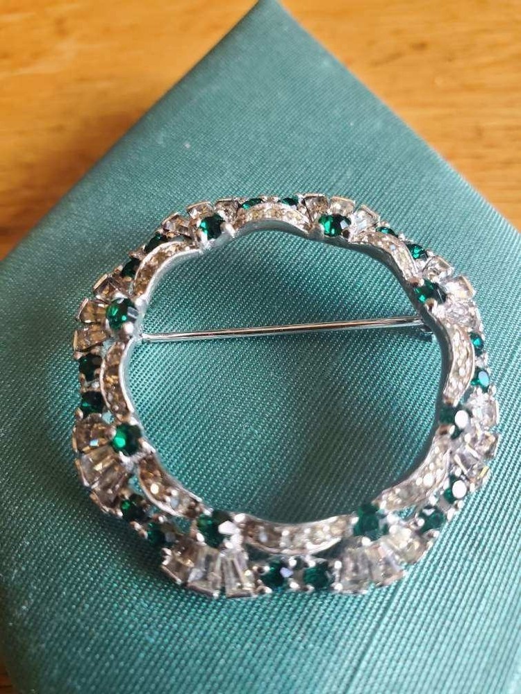 Classy Mazer Circle Pin Silver Tone w/ Clear Tapered Baguette & Emerald Stones