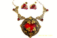 RARE ANTIQUE ART DECO CZECH RED CRYSTAL FILIGREE NECKLACE EARRINGS SET
