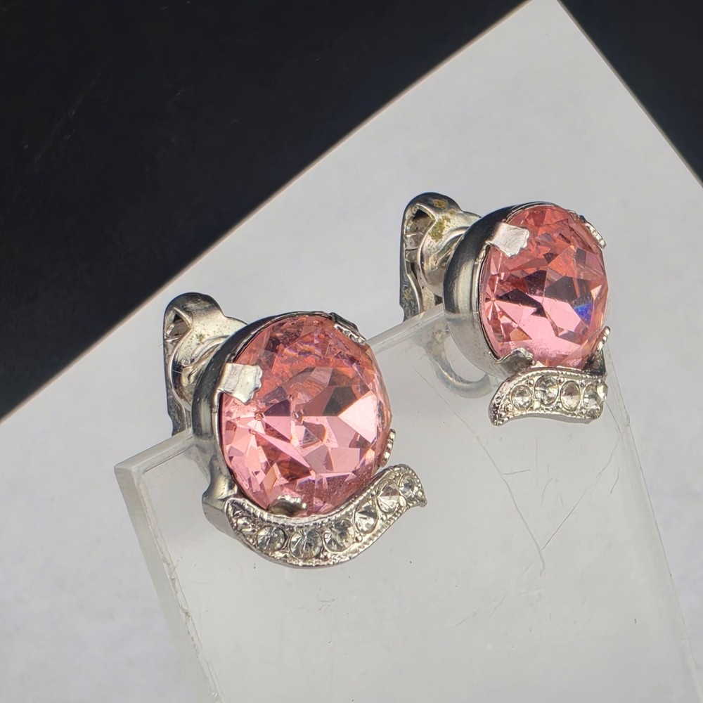 Little Vintage Eisenberg Crystal Pink Rhinestone Rhodium Finish Clip Earrings