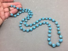 Vintage Venetian Glass Bead Necklace Blue Flower 8-9mm Knotted 30″