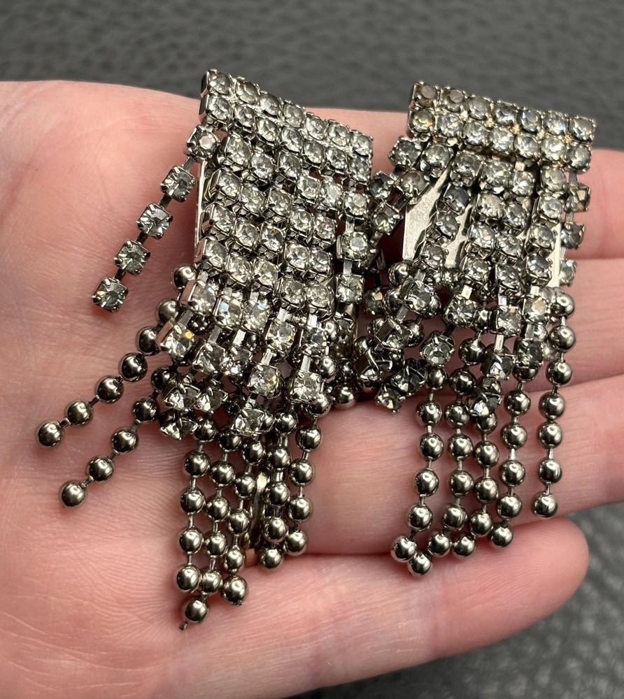 Vintage Rhinestone Dangle Chandelier Earrings Ball Chain Tassel Silver Tone