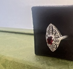 Vtg Art Deco Marquise Red Garnet & Marcasite 925 Sterling Silver 7.75 Signed CW