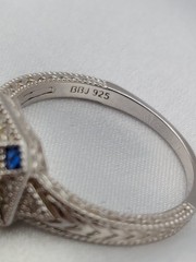 Vintage BBJ Sterling 1.00ct Round Crystal 4 Blue Sapphire Art Deco ring Sz9 4gr