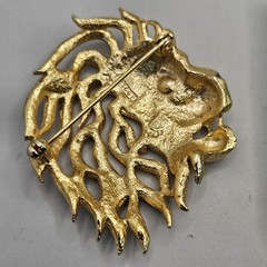 Vintage Sphinx Lion Head Brooch Gold Tone Enamel Rhinestone Eye Signed Jewelry