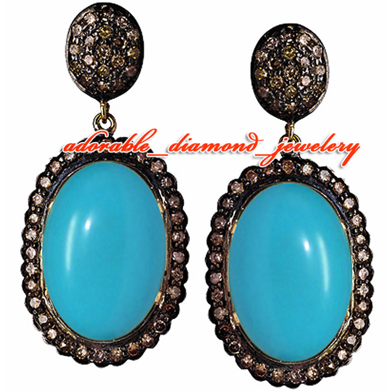 Amazing 1.35ct Rose Cut Diamond Turquoise Studded Silver Vintage Earring Jewelry