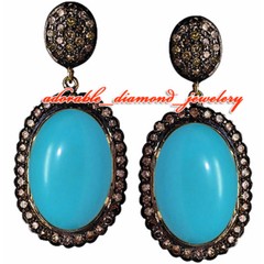 Amazing 1.35ct Rose Cut Diamond Turquoise Studded Silver Vintage Earring Jewelry