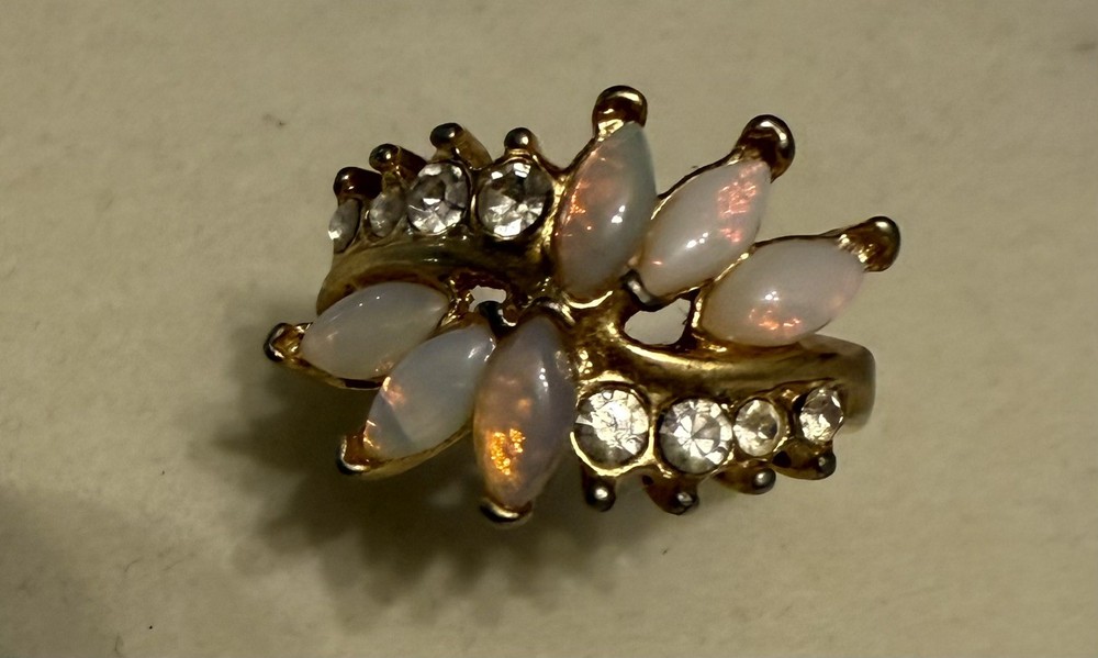 Vintage Gold Tone Faux Opal & Rhinestone Ring, Size 7