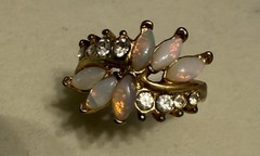 Vintage Gold Tone Faux Opal & Rhinestone Ring, Size 7