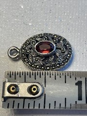 STERLING Silver Marked CW Almandine Garnet AND Marcasite Round Pendant C05