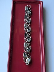 Vtg MCM Silver Tone GREY Blue Molded Thermoset Leaf Leaves Link 7¼” Bracelet