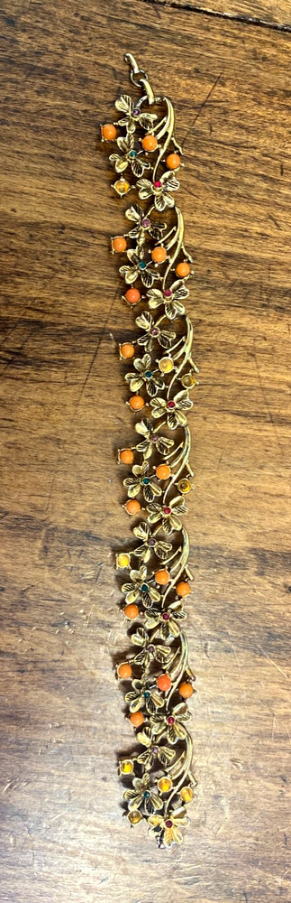 Vintage Gold Tone Floral Bracelet/Coral Color Beads/Red and Green Rhinestones