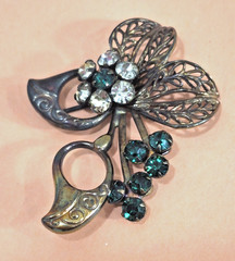 Art Deco Revival Brass Filigree Pin Open back Green Rhinestones Czech style