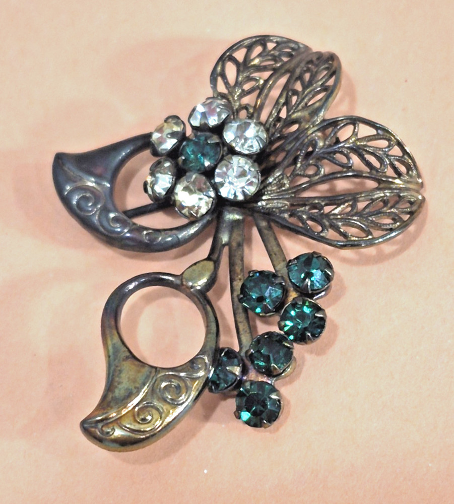 Art Deco Revival Brass Filigree Pin Open back Green Rhinestones Czech style