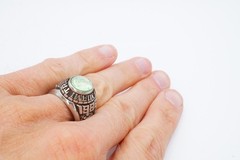 Vintage 1986 Class Ring Mens Silver Tone Green Glass Stone Size 8.75