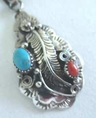 NAVAJO? STERLING PENDANT 2 INCHES, TURQUOISE & CORAL