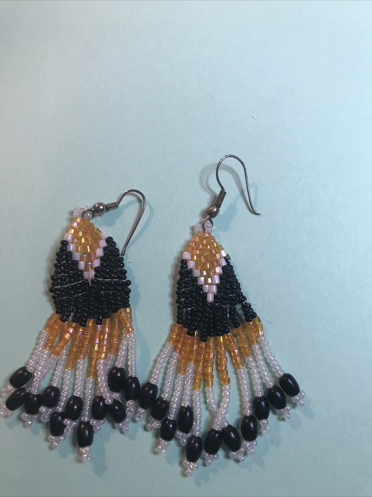 Vintage Black Orange and White Beaded Dangle Earrings