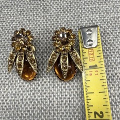 Vintage Clip On Earrings Orange Brown AB Rhinestones ￼