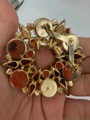 Vintage Brooch Orange Rhinestone Brown Large Statement Wreath Circle
