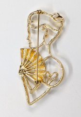Vintage Lady Remington Woman & Fan Silhouette Gold Tone Brooch Pin 3.25″