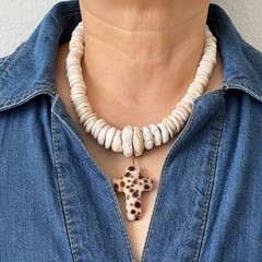 Puka Shell Necklace Vintage 70s w/Hand-Shaped Tiger Cowrie Shell Cross Pendant