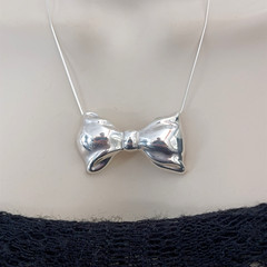 Vintage Sterling Silver Bow Necklace Brooch Puffy Tie Modernist 80s Israel Bold