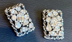 Vtg 50s BARCLAY Clip Earrings, Clear Rhinestones Prong-set Silver-tone HTF
