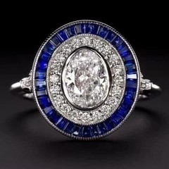 Art Deco Vintage Lab Created Diamond & Halo Sapphire Engagement 925 Silver Ring