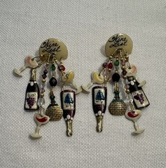 Lunch At The Ritz Wine List Earrings Crystal Enamel Dangle Pierced Ears