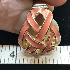 Vintage Signed 18K HGE Gold Plated Coral Enamel Basket Weave Ring varied sizes