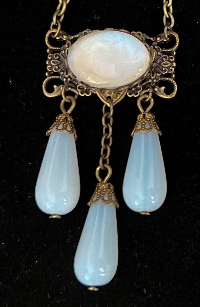 Vintage Necklace Chandelier Etruscan Style Pendant W Antique Opalite Czech Glass