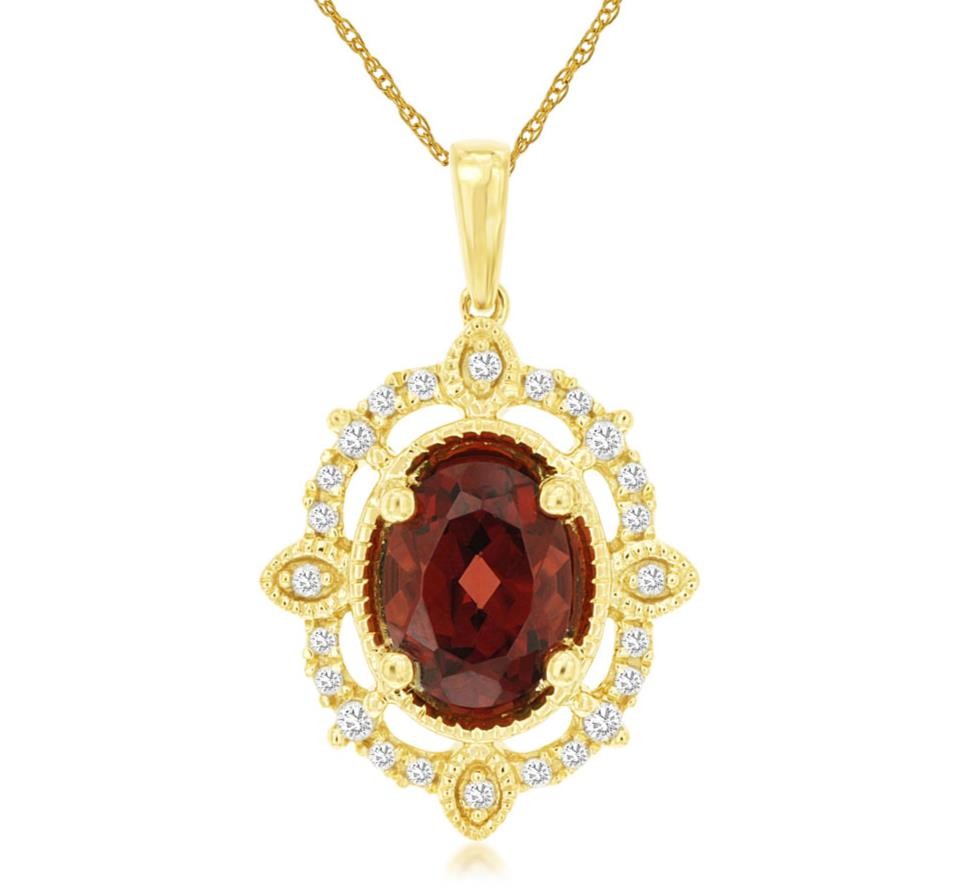 1.52CT DIAMOND & AAA GARNET 14K YELLOW GOLD OVAL & ROUND FLORAL FLOATING PENDANT