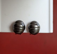 Vintage Gun Metal Grey Black Dome Cushion Button Larva Quilted Clip Earrings