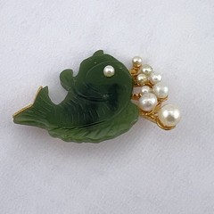 Vintage Swoboda Brooch Pin Jade Carved Fish Faux Pearl Bubble Gold Tone Estate