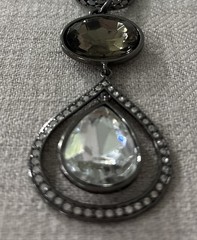 Vintage RJ Graziano Gunmetal Teardrop Pendant Necklace Rhinestone Statement