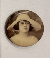 Antique 1″ Celluloid Portrait Pin Back Button Woman Portrait C -Clasp c 1920