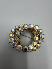 Clear AB Aurora Borealis Rhinestone Prong Dbl Circle Gold Tone Brooch Estate Vtg
