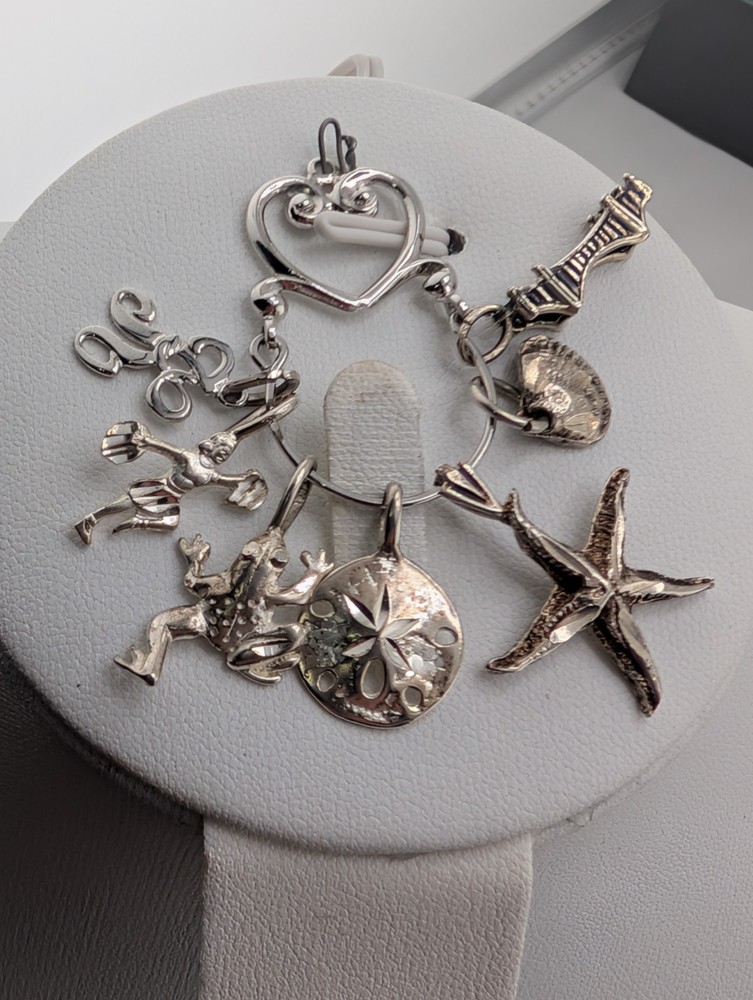 Vintage~**CHARM HOLDER & 7 CHARMS**~925 Sterling Silver~8.1 GRAMS~2.2″ Long