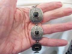 SET LIA SOPHINA BRACELET NECKLACE SILVER TONE SQUARES w BLACK CENTER #23/5A