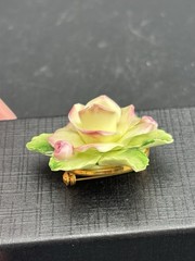 Painted Porcelain Pink Flower Green Leaves Cottage Core VTG 3D Floral Brooch