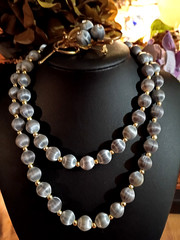 Mid-Century 2-Piece Set Grey Silk Wrapped Bead Necklace & Filigree Berry Brooch