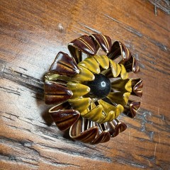 Vintage 1960s Enamel Flower Brooch Pin Brown Mustard Yellow Black 1.5”