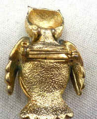 Vintage Gold Tone Owl Brooch Pin with Green Rhinestone Eyes