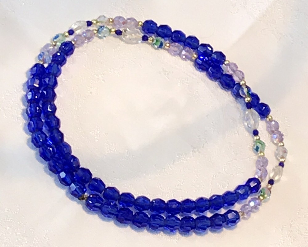 Gorgeous Long Blue Green Clear Crystal Necklace Gold Bead Accents 34” #195