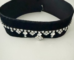 Handmade Victorian Black Velvet Trim + Rhinestone Choker – 14.5 in
