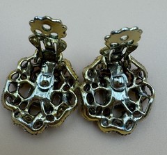 Vintage Rhinestone Clip-on Earrings Orange Green Yellow Flower Shape Judy Lee