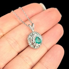Vintage Emerald Baguette Cut Diamonds 14k White Gold Ballerina Pendant Necklace