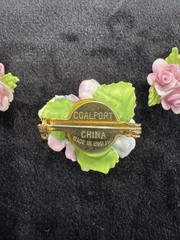 VTG English China Hand Painted Porcelain COALPORT Pink Rose Brooch & Earrings