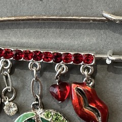 Vtg Lucky Charm Safety Pin Brooch Lips Heart Cherries Ladybug Nature Love & Luck