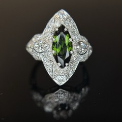 Art Deco Marquise Green Tourmaline Diamond Platinum Ring