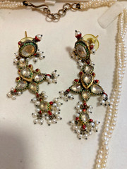 Polki Diamonds & Seed Pearls Vermeil Vintage Necklace and Earrings Set BIN